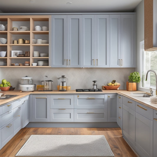 A modern, sleek kitchen with various cabinet styles and finishes, showcasing a mix of open shelving, drawers, and countertops, with tools and hardware scattered around a half-installed cabinet.