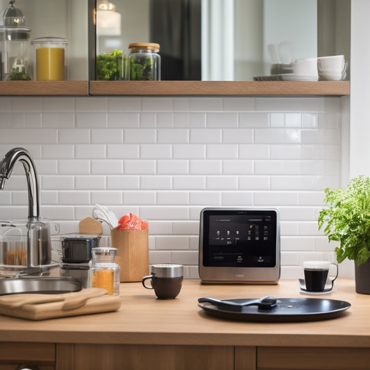 A modern kitchen with a tablet on the counter displaying a digital calendar, a smart coffee maker, and a wireless thermometer, surrounded by utensils and appliances with a subtle Airbnb logo in the background.