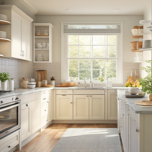 A modern kitchen with creamy white cabinets, featuring a pull-out drawer with a soft-close mechanism, filled with organized cookware and utensils, set against a warm, natural light background.