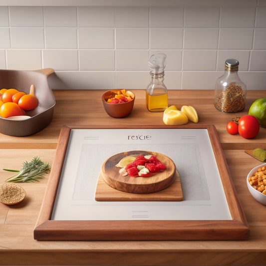 A warm, golden-lit kitchen scene: a wooden cutting board with arranged ingredients, a few cookbooks stacked in the corner, and a tablet displaying a digital recipe ebook open to a vibrant, step-by-step cooking technique illustration.