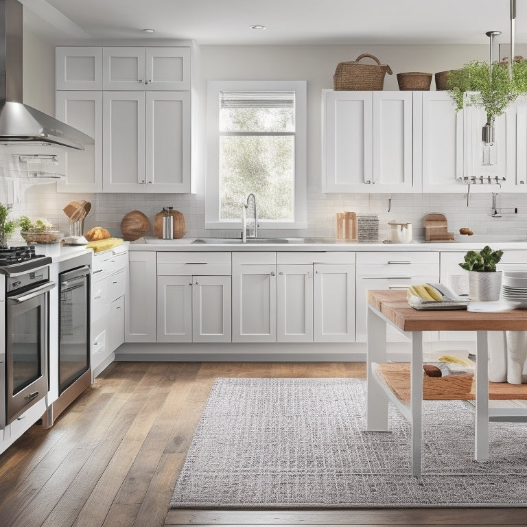 A bright, modern kitchen with sleek white cabinets, stainless steel appliances, and warm hardwood floors, featuring a large island with built-in drawers, a wall-mounted pot rack, and a pegboard with utensils.