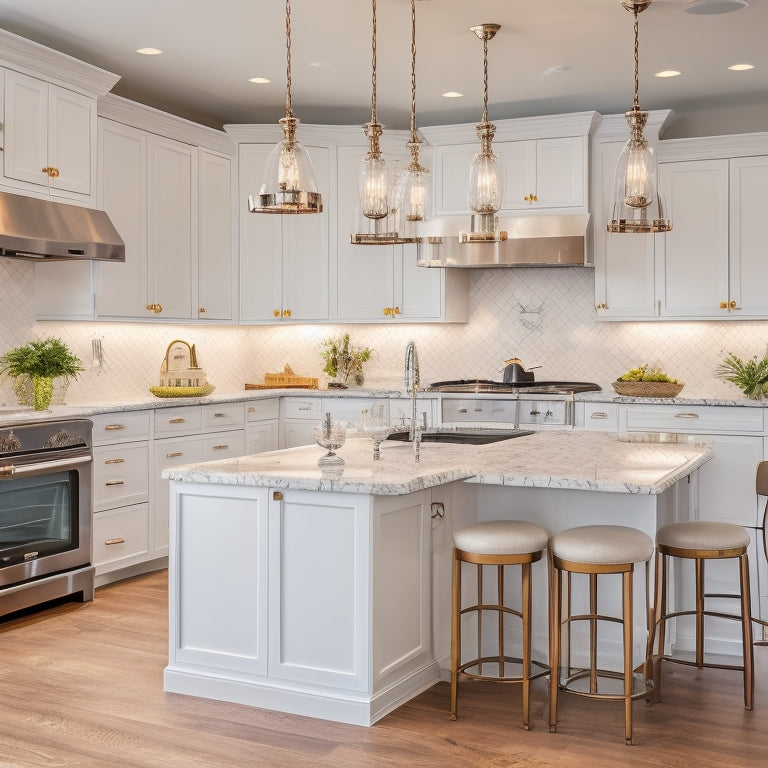 A bright, modern kitchen with sleek, white cabinets featuring ornate hardware, surrounded by marble countertops, stainless steel appliances, and a large island with pendant lighting.