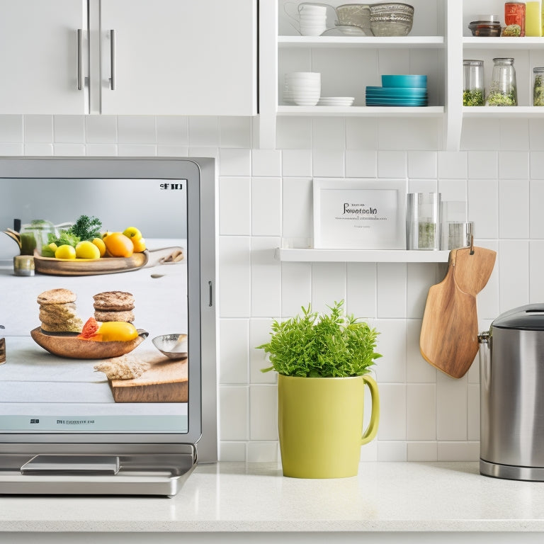 A bright, modern kitchen with a sleek backsplash, featuring a utensil organizer on the wall, a label-maker on the counter, and a tablet mounted beside a tidy recipe book stand.