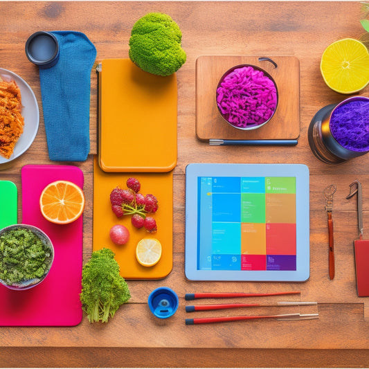 A colorful digital table setting with various gadgets and icons: a laptop, smartphone, and tablet surrounded by utensils, a meal planner notebook, and a plate with a gluten-free, vegan, and keto meal.