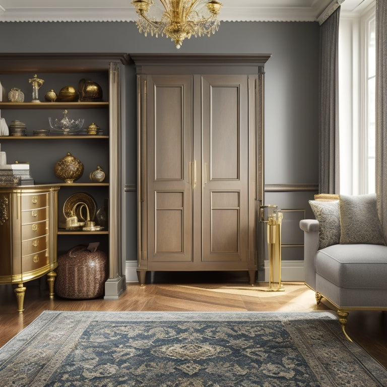 A serene, light-filled room with a floor-to-ceiling, soft-close cabinet in a rich, dark wood tone, adorned with ornate brass hardware, against a backdrop of creamy white walls and plush, gray area rug.