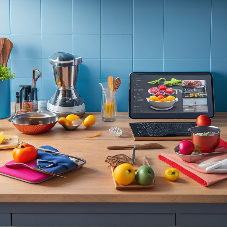 A tidy kitchen with a tablet and stylus on a countertop, surrounded by organized utensils, a recipe displayed on the screen, and a few kitchen gadgets with colorful cables.