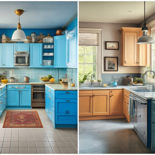 A split-screen image: a cluttered, outdated kitchen on the left, with worn cabinets and outdated appliances, next to a sleek, modern kitchen on the right, with shiny surfaces and a large island.