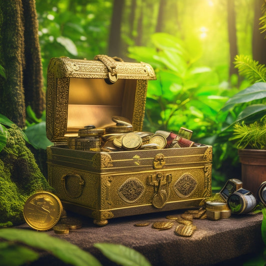 A treasure chest overflowing with sparkling gold coins, surrounded by diverse vintage items like old cameras, globes, and binoculars, amidst a backdrop of lush greenery and a subtle hint of sunlight.