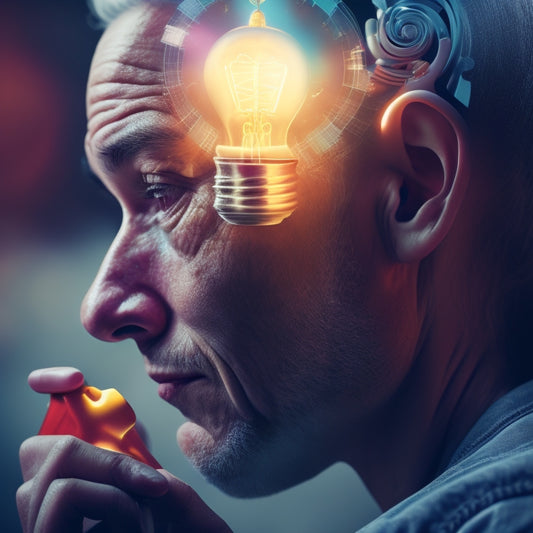 An illustration of a person's head with a puzzle piece fitted into it, surrounded by swirling thoughts and emotions, with a lightbulb moment above, radiating rays of insight and understanding.