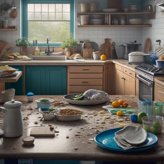 A messy kitchen with dirty dishes piled high, crumbs scattered on countertops, and a sticky floor, contrasted with a clean and organized kitchen in the background, with a faint outline of a checklist on the wall.