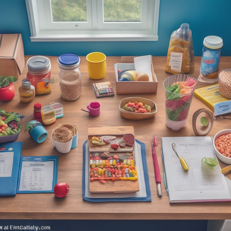 A colorful illustration of a college student's dorm room desk, cluttered with textbooks, laptops, and empty takeout containers, with a tidy corner featuring a meal planning calendar, a pen, and a small stack of healthy groceries.