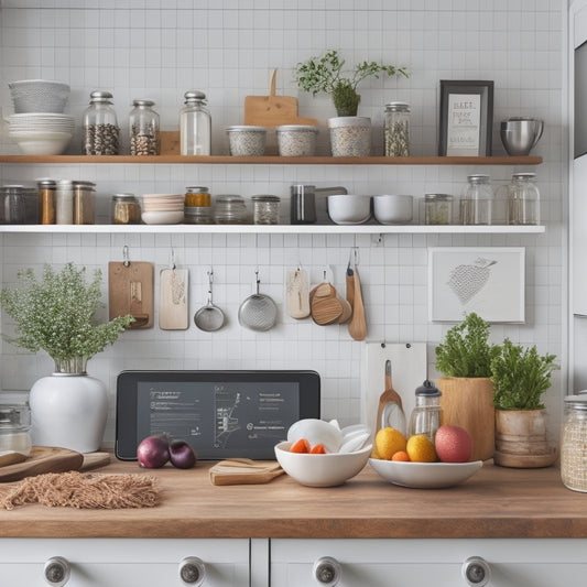 A tidy, modern kitchen countertop with a tablet displaying a kitchen organization app, surrounded by a few neatly labeled jars, a small kitchen cart with baskets, and a wall-mounted pegboard with hooks.