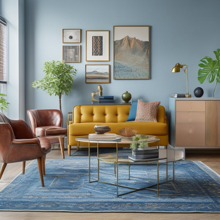 A stylized, minimalist living room with a mix of modern and vintage decorative items, including a geometric-patterned rug, a mid-century modern side table, and a few eclectic, abstract art pieces on the walls.