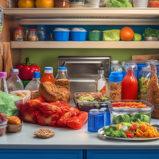 A cluttered kitchen counter with multiple expired food items, surrounded by empty takeout containers and crumpled up wrappers, with a few fresh vegetables spilling out of an overcrowded refrigerator drawer in the background.