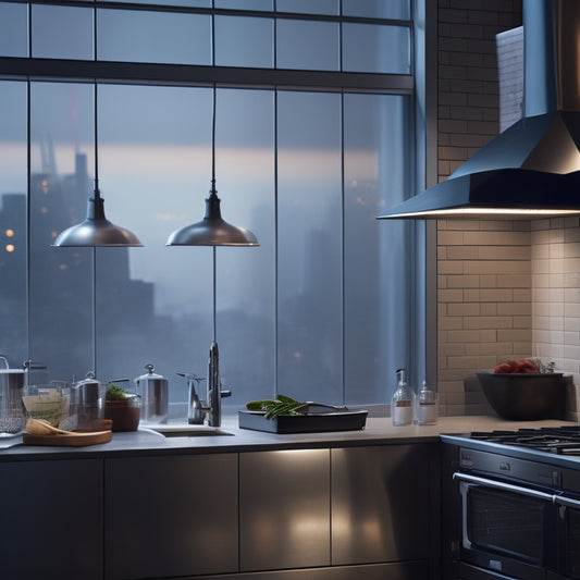 A dimly lit, industrial-style kitchen with stainless steel appliances, a cityscape visible through a large window, and a ghostly chef's hat hovering above a sleek, modern workstation.