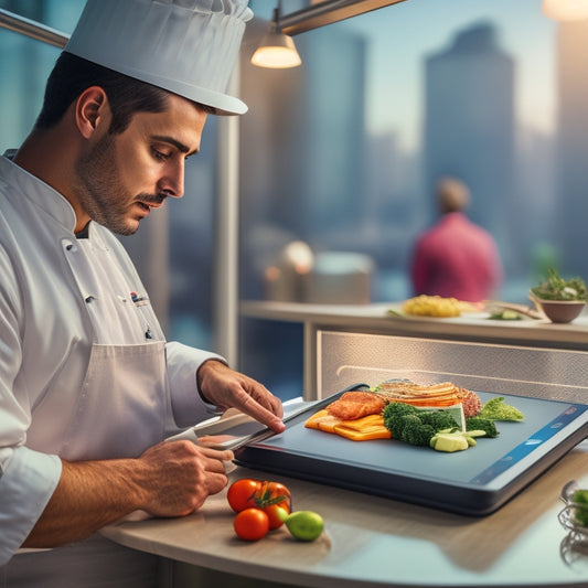 A professional chef, surrounded by ingredients and cooking utensils, confidently holds a tablet displaying a recipe website, with a cityscape in the background and a subtle upward graph trend in the corner.