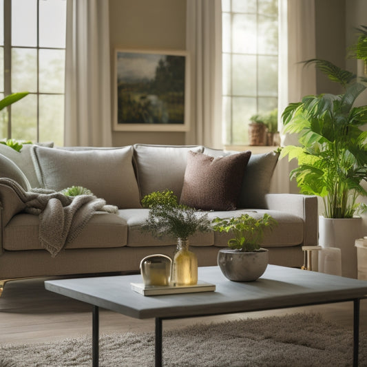 A serene, well-lit, and decluttered living room with a sold sign on the coffee table, surrounded by lush green plants and a few tastefully arranged decorative pieces.