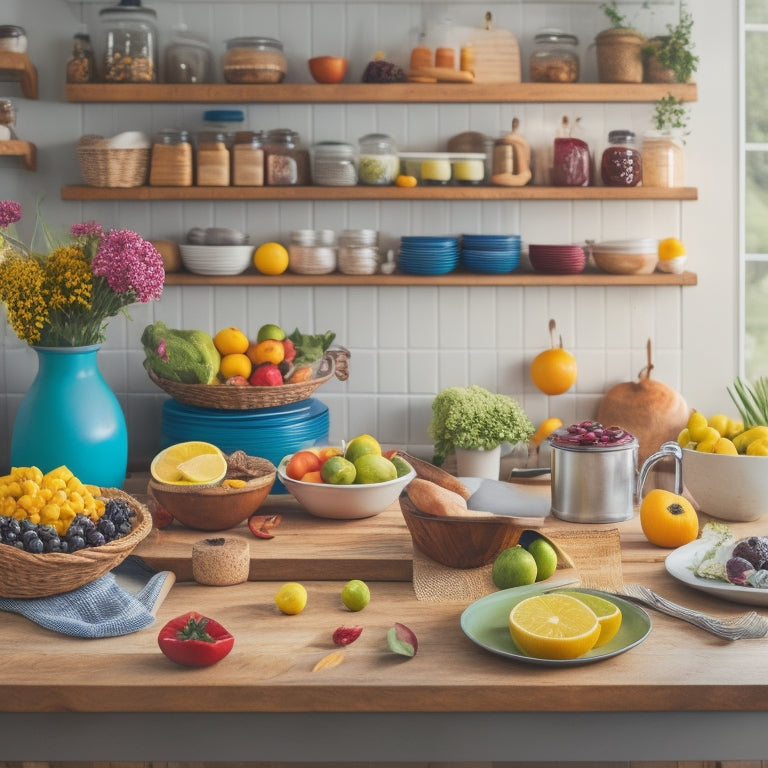 A colorful, organized kitchen with a large wooden table at its center, surrounded by various meal planning templates, a gluten-free cookbook, and a basket of fresh fruits and vegetables.