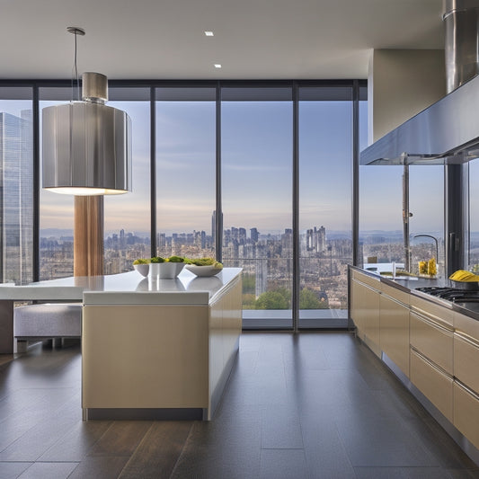 A sleek, modern kitchen with high-gloss cabinets, quartz countertops, and a large island with a built-in cooktop, set against a backdrop of floor-to-ceiling windows and a city skyline.