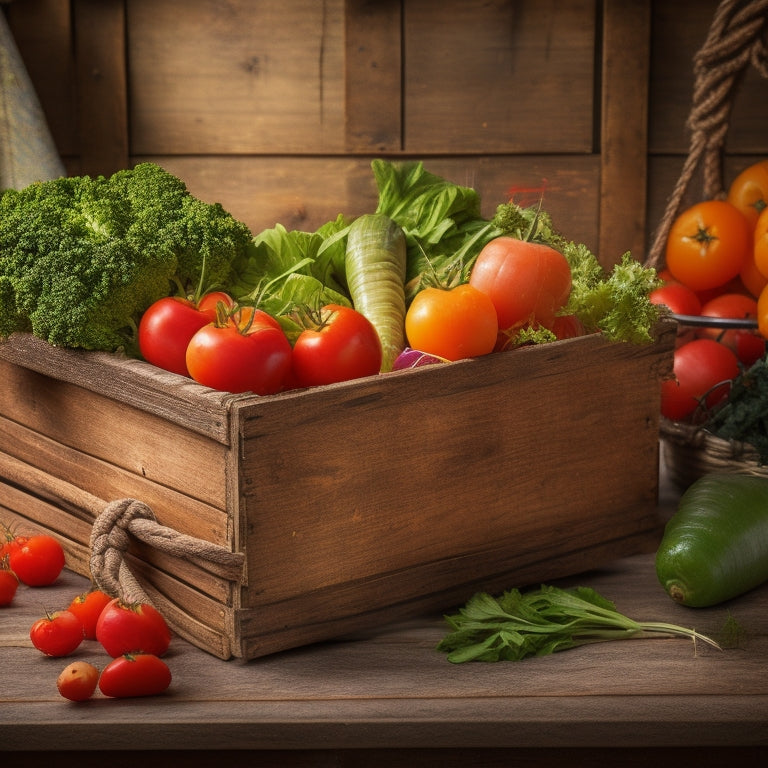 A rustic, worn wooden crate overflowing with vibrant, crisp vegetables - carrots, lettuce, and cherry tomatoes - surrounded by nautical ropes, anchors, and vintage sailing maps in the background.