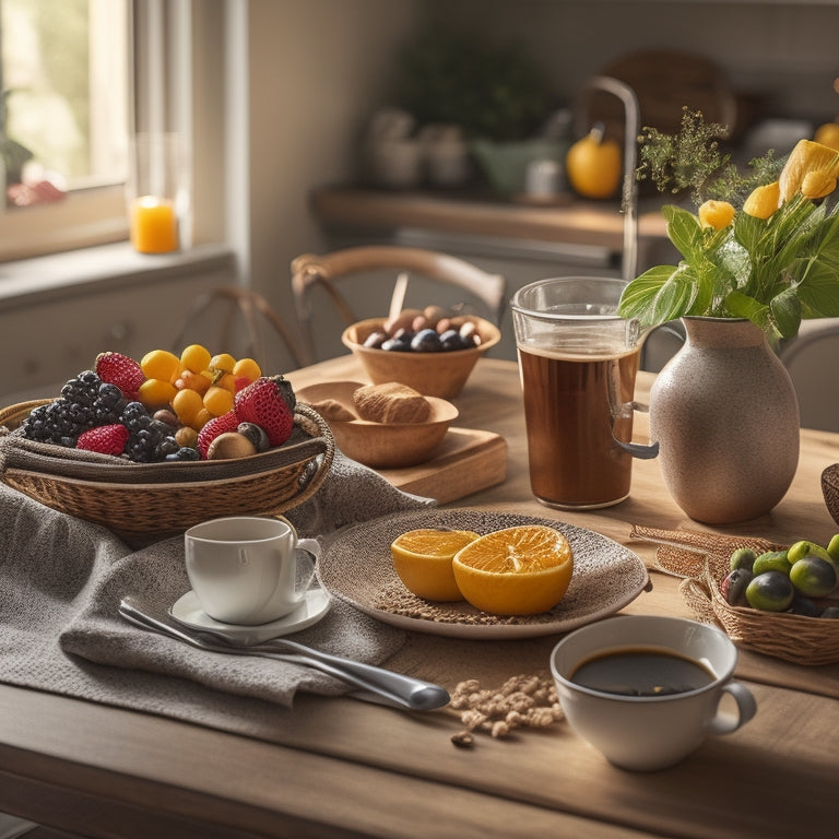 A warm and inviting breakfast scene featuring a wooden table with a steaming cup of coffee, a basket of fresh fruit, and a few essential meal planning templates and pens scattered around.