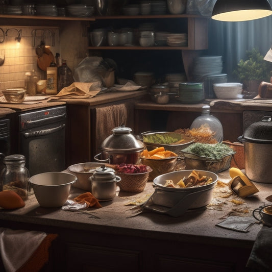 A cluttered kitchen countertop with stacks of dirty dishes, scattered utensils, and expired food products, surrounded by crumpled papers and overflowing trash cans, under a dimly lit, worn-out lighting fixture.