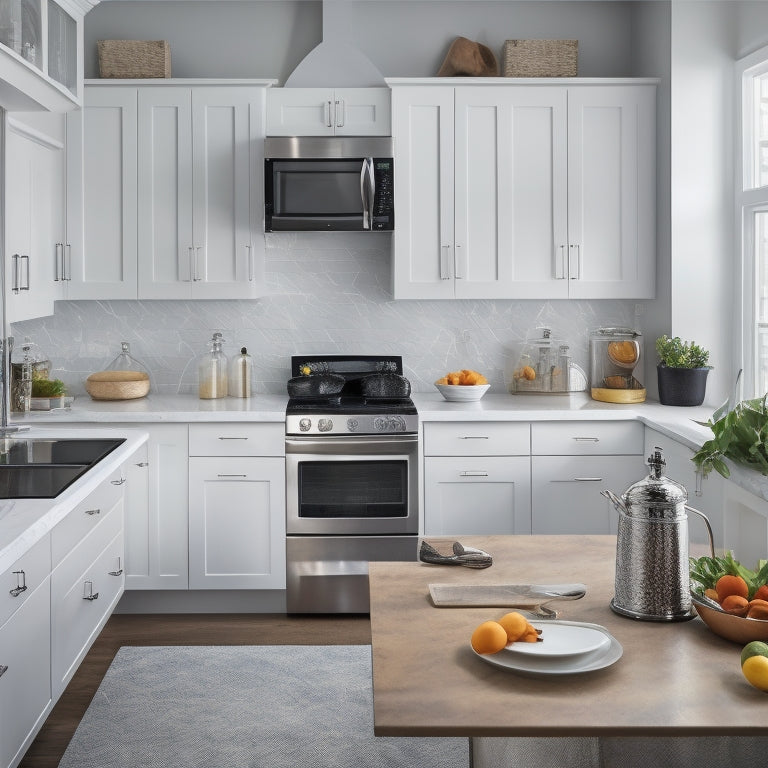 A bright, modern kitchen with sleek countertops and stainless steel appliances, featuring a tablet or e-reader on the counter, surrounded by utensils and cookbooks, with a subtle kitchen utensil pattern in the background.