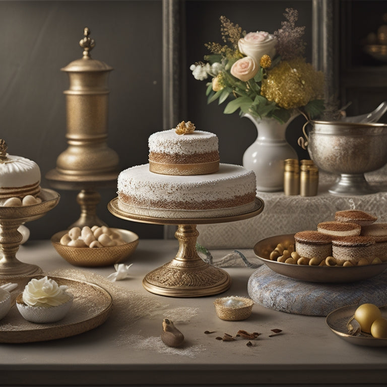 A warm, golden-lit bakery scene with vintage mixing bowls, antique baking utensils, and a beautiful, ornate cake stand displaying a majestic, multi-tiered cake adorned with delicate sugar flowers and intricate piping.