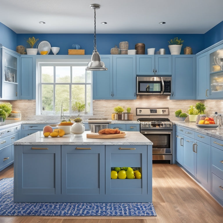 A bright, modern kitchen with white cabinets, dark countertops, and stainless steel appliances, featuring a large island with a built-in sink, surrounded by colorful design templates and scattered utensils.