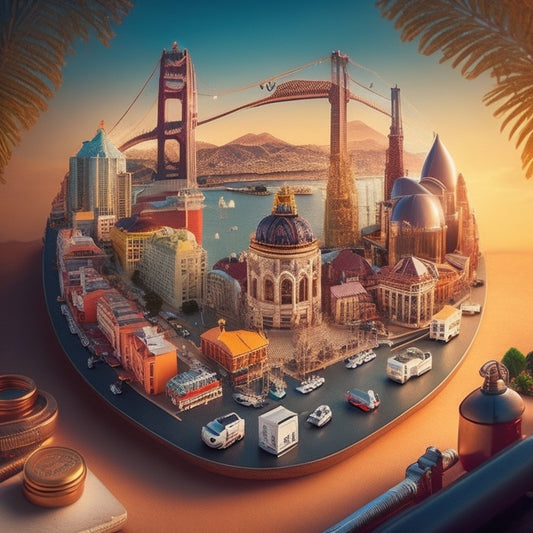 A stylized illustration of the San Francisco cityscape at sunset, with iconic buildings and the Golden Gate Bridge in the background, surrounded by miniature real estate symbols, such as houses, keys, and magnifying glasses.