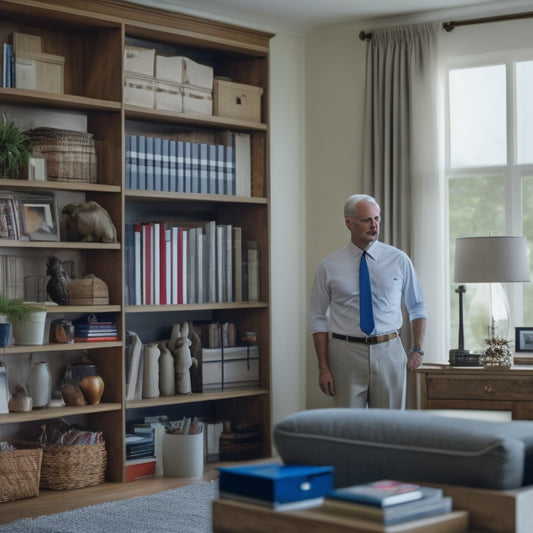 A tidy, modern living room with a veteran in a crisp, white shirt, standing proudly in front of a neatly organized bookshelf, with a subtle American flag patch on their sleeve.