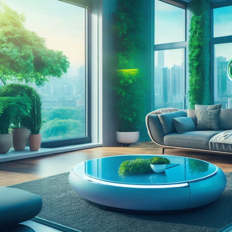 A futuristic living room with a smart TV, a robotic vacuum cleaner, and a tablet on a coffee table, surrounded by lush green plants and a cityscape visible through the window.