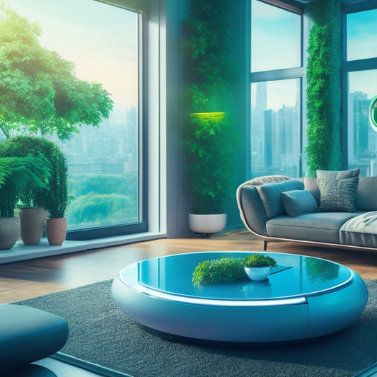 A futuristic living room with a smart TV, a robotic vacuum cleaner, and a tablet on a coffee table, surrounded by lush green plants and a cityscape visible through the window.