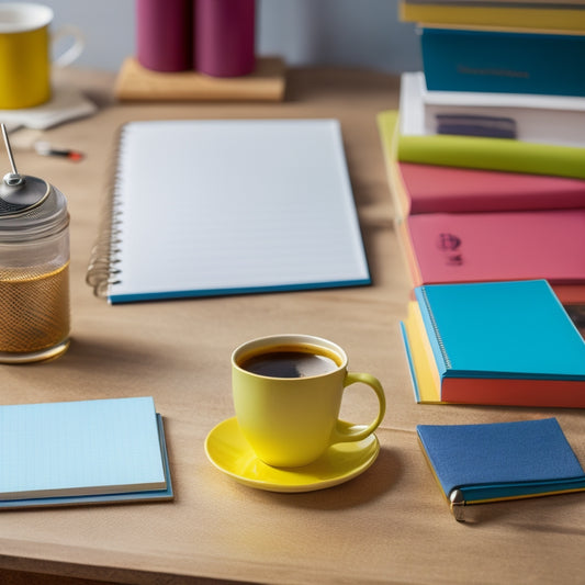 A stylized, minimalist desk scene with 5-7 colorful planners of varying sizes, a few pens and sticky notes scattered around, and a cup of steaming coffee in the corner.