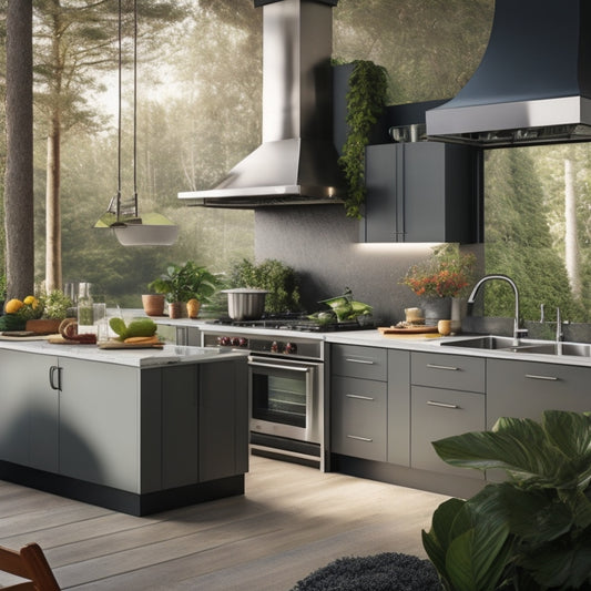 A bright, modern kitchen with a large island, sleek appliances, and a stainless steel range hood venting outdoors, surrounded by greenery, with a subtle hint of steam rising into the hood.