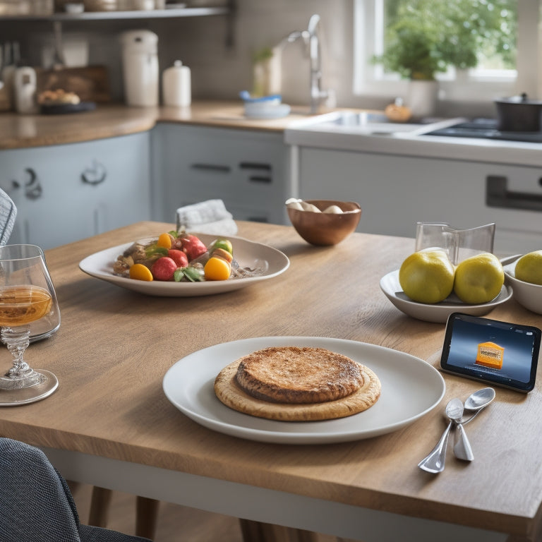 A warm, inviting kitchen scene featuring a single, elegant dinner plate on a small, round table, surrounded by a tablet, smartphone, and a few open digital cookbooks on a sleek, modern countertop.