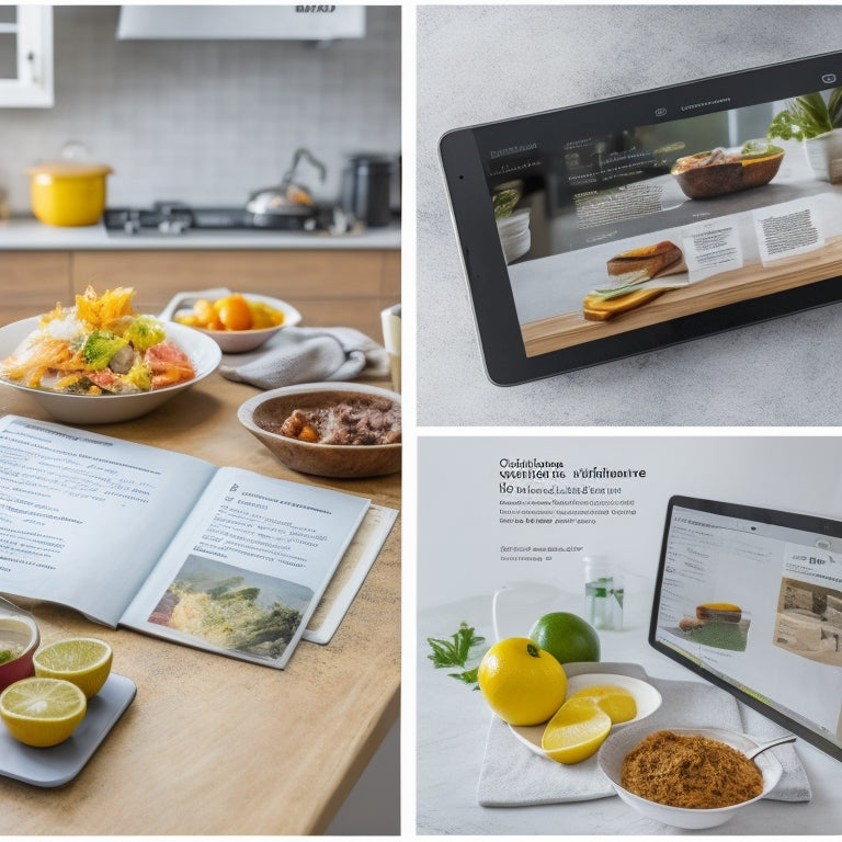 A split-screen image featuring a messy kitchen counter with recipe cards, open cookbooks, and scattered notes on one side, and a sleek, modern kitchen with a tablet displaying a tidy digital recipe app on the other.