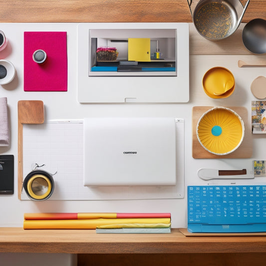 A clutter-free kitchen countertop with a laptop, a printer, and a few organized kitchen utensils, surrounded by colorful folders and rolled-up printed templates, on a light-wooden background.