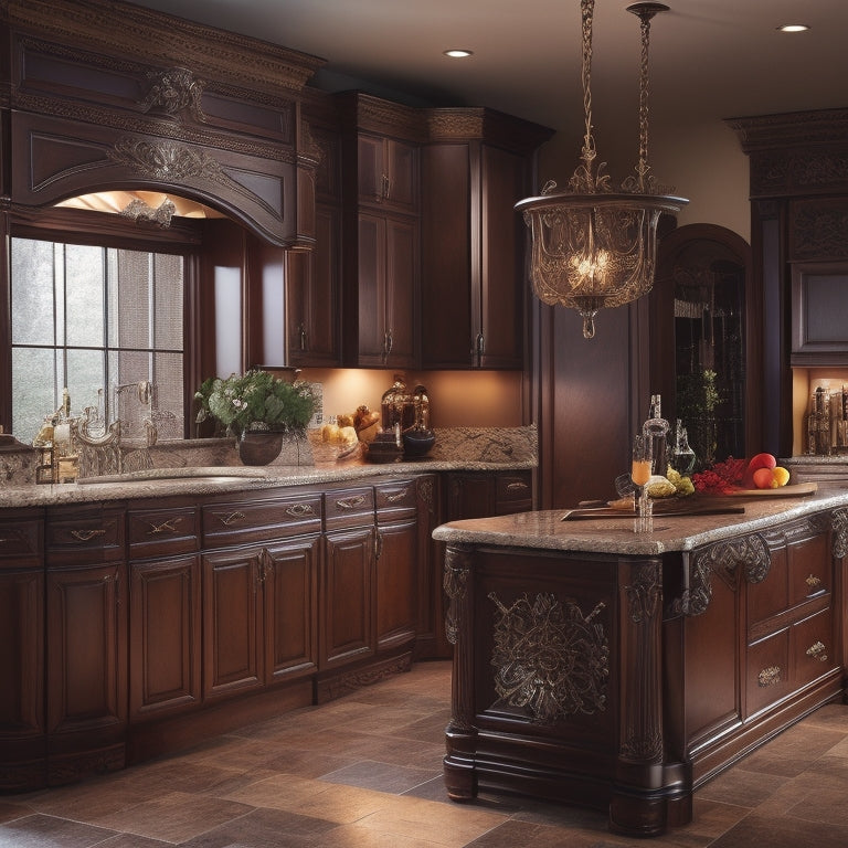 A serene, high-contrast kitchen scene featuring rich, dark-stained wood cabinetry with ornate carvings, warm golden lighting, and sleek, polished chrome fixtures against a soft, creamy backdrop.