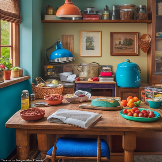 A cluttered college dorm room desk with a laptop open to a cooking website, surrounded by cookbooks, utensils, and ingredients, with a chef's hat and apron draped over the back of a chair.