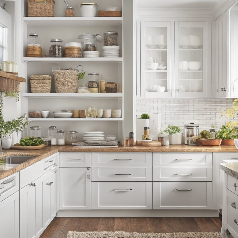 A tidy kitchen with white cabinets, polished chrome hardware, and warm hardwood floors, featuring a pull-out spice rack, a wall-mounted pot lid organizer, and a set of stacked ceramic canisters.