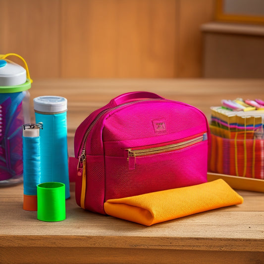 A colorful, partially unzipped bag with various compartments and pockets, surrounded by sewing supplies, fabric scraps, and a tape measure, on a wooden desk with a subtle natural light background.