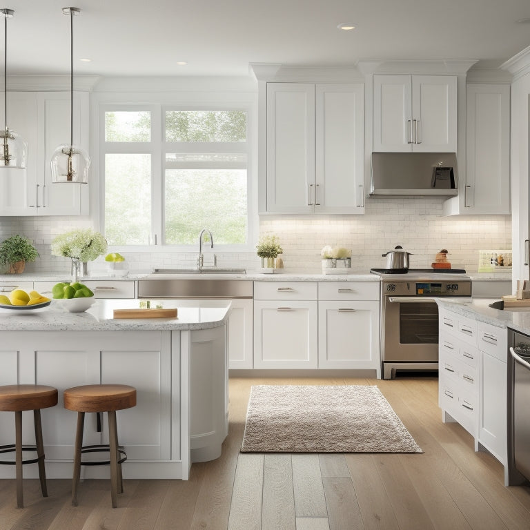 A modern kitchen with sleek, white cabinets, stainless steel appliances, and a large center island, surrounded by a subtle grid of measuring lines and faint blueprint undertones.