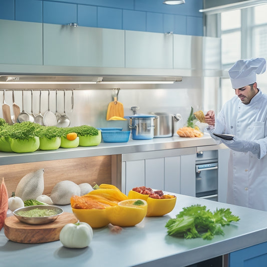 A clean and modern kitchen with a stainless steel countertop, a chef in a white coat and hat inspecting fresh produce, and a thermometer on a raw chicken breast, surrounded by produce crates and utensils.