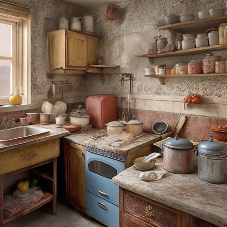 A cluttered, outdated kitchen with peeling wallpaper, worn countertops, and a faucet with visible rust, surrounded by scattered cookbooks, utensils, and takeout containers, with a faint, faded blueprint of a modern kitchen on the wall in the background.