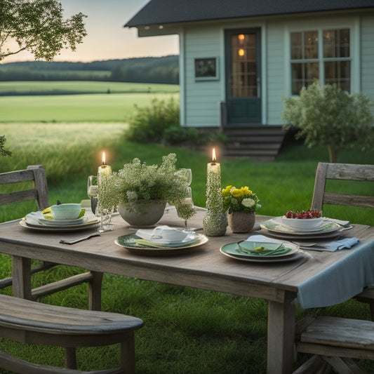 A serene farmhouse surrounded by lush green pastures, with a rustic wooden table set for dinner amidst a blooming garden, adorned with candles, fine china, and a delectable gourmet meal.