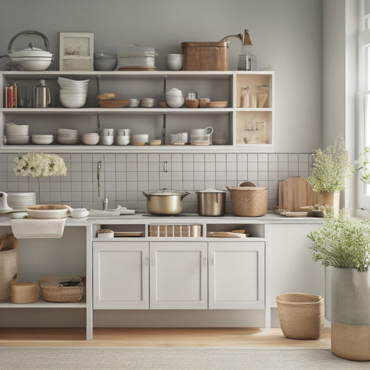 A serene kitchen scene featuring a tidy island, a few strategically-placed utensils, and a limited selection of cookbooks on a minimalist shelving unit, set against a calming white background.