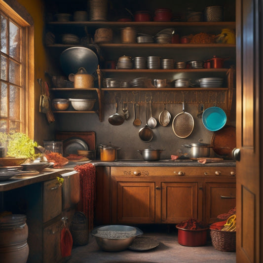 A chaotic kitchen cabinet overflowing with tangled utensils, expired spices, and precariously stacked cookbooks, with a few pots and pans haphazardly hanging from the doors, casting long shadows.