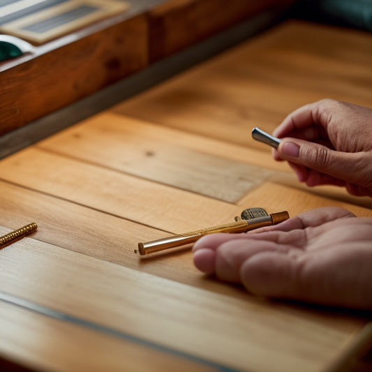 A close-up of a person's hand holding a drawer handle template, with a faint outline of a drawer in the background, and a few screws and a screwdriver scattered around.