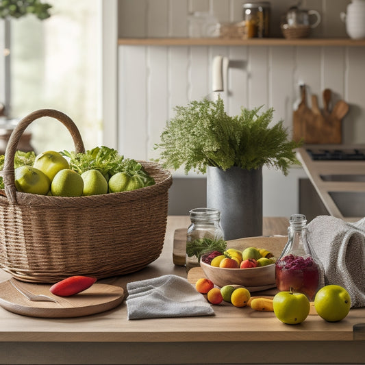 A tidy kitchen counter with a wooden cutting board, a basket of fresh fruits, and a few essential meal planning templates, including a weekly calendar and a grocery list, surrounded by utensils and a vase with fresh herbs.